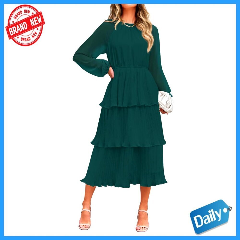 Chiffon Swing Midi Dress Long Sleeve Ruffle Tiered Layered Elegant Evening Wear